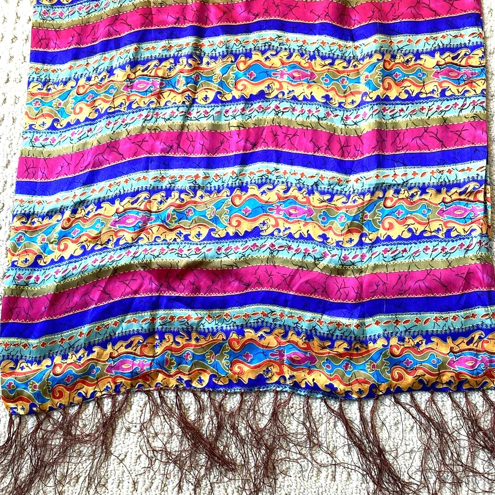 Vintage silk scarf long fringed wrap colorful double sided shawl elegant luxury